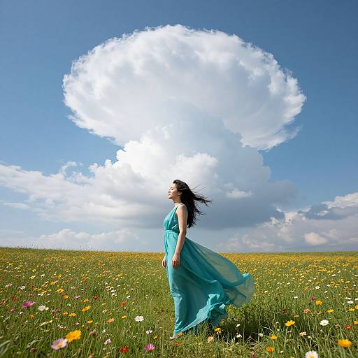 Photograph of a woman in a flowing turquoise dress, standing in a colorful wildflower field, gazing at a large, bright white cloud against a