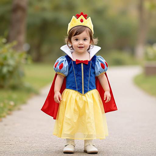 Photograph of a cute, young girl in a Snow White costume with yellow dress, blue bodice, red cape, and gold crown, standing on