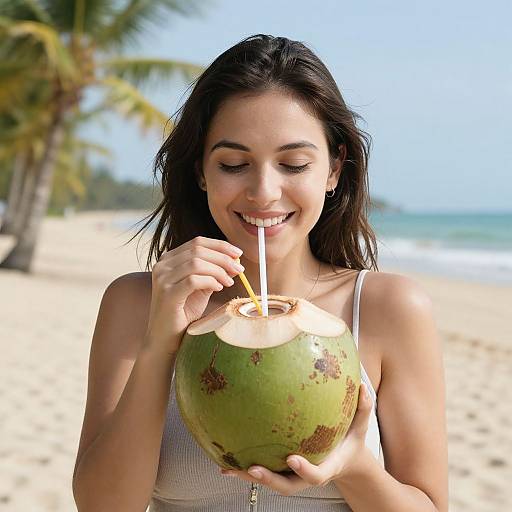 Photograph of a smiling young woman with long dark hair, drinking from a green coconut with a straw on a sunny tropical beach, palm trees in the