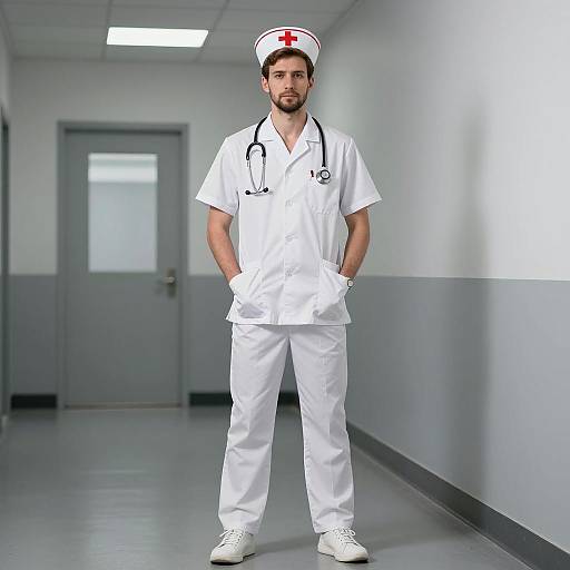Male Nurse in White Uniform in Hospital Hallway
