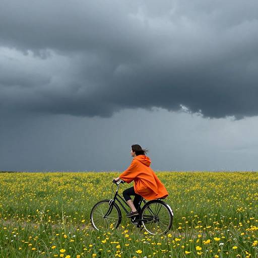 Resilient Cyclist Amidst Stormy Wildflowers
