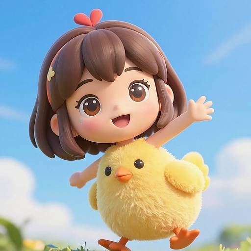 Digital illustration of a cute, brown-haired anime girl with a red hairbow, smiling, holding a fluffy yellow chick against a bright blue sky.