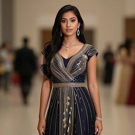 Photograph of a confident Indian woman with long black hair, wearing a black dress with silver embellishments, necklace, and bracelet, walking on a blurred