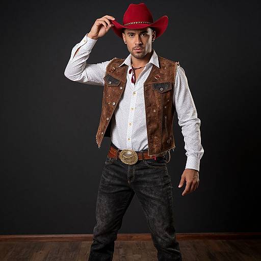 Photograph of a handsome, muscular man with tan skin, wearing a red cowboy hat, white shirt, brown leather vest, black jeans, and large