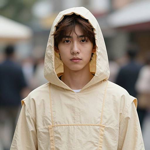 Photograph of an East Asian young man with straight, dark hair wearing a cream-colored, hooded raincoat, standing in a blurred urban background.