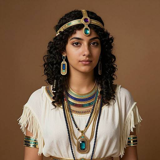 Photograph of a young woman with curly black hair, wearing traditional Egyptian royal attire, adorned with gold jewelry, turquoise accents, and a white fringed
