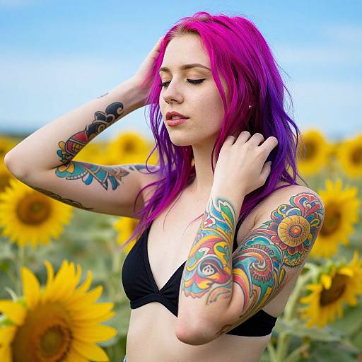 Vibrant Tattooed Woman in Sunflower Field