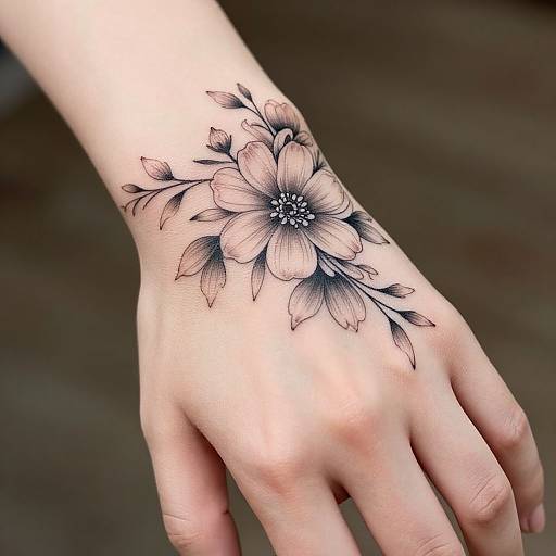 Photograph of a light-skinned hand with a detailed black and gray floral tattoo on the wrist, featuring a large central flower with intricate petals and leaves