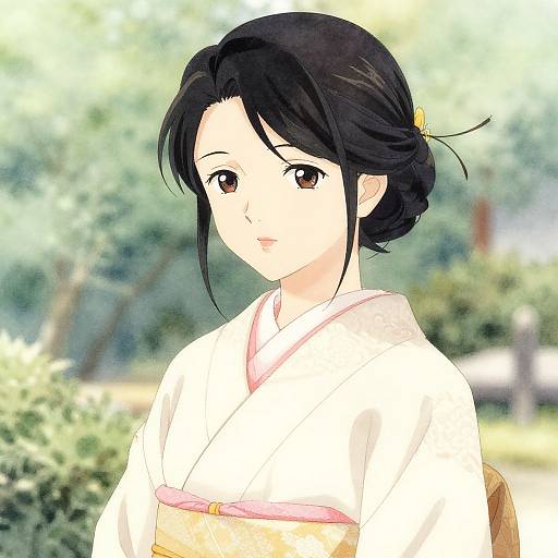 Digital anime-style portrait of a young woman with black hair in a bun, wearing a white kimono with pink sash, standing in a blurred green