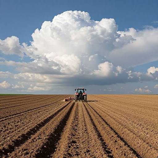 Photograph of a blue tractor plowing a vast, brown, tilled field under a bright blue sky with large, fluffy white clouds.