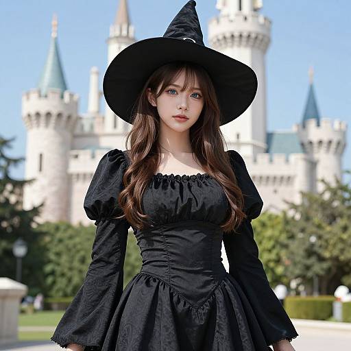 Photograph of a young woman with long brown hair, wearing a black witch hat and dress, standing in front of a castle with blue sky and green