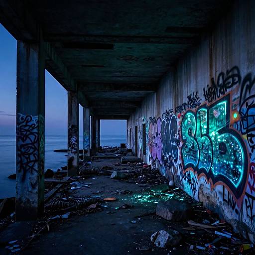 Abandoned concrete underpass at dusk, vividly graffitied with neon blue and purple tags, littered debris, and ocean view in background