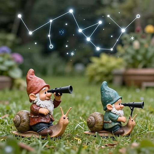 Photograph of two garden gnome figurines with binoculars, wearing red and green hats, sitting on grass, looking at a star constellation in the