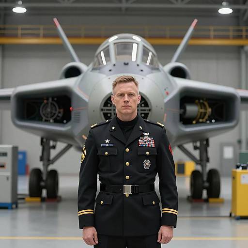 Military Man by Futuristic Aircraft