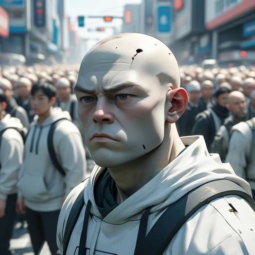 Serious bald man in crowd with hoodie