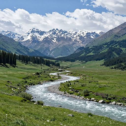 Photograph of a lush green valley with a winding river, surrounded by dense forest, leading to snow-capped mountains under a bright blue sky with scattered