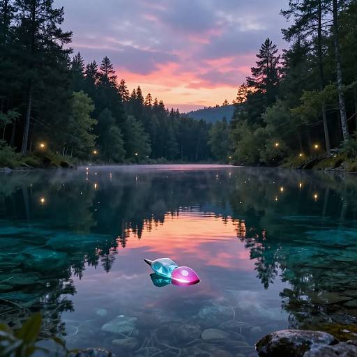 Photograph of a tranquil lake at dusk, with a glowing, bi-colored floatie in the water, surrounded by dark pine trees and a pink-orange