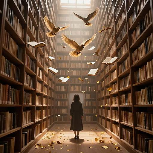 Photograph-like digital art of a silhouetted person in a dark coat standing in a mystical library with flying birds and floating books. Warm light