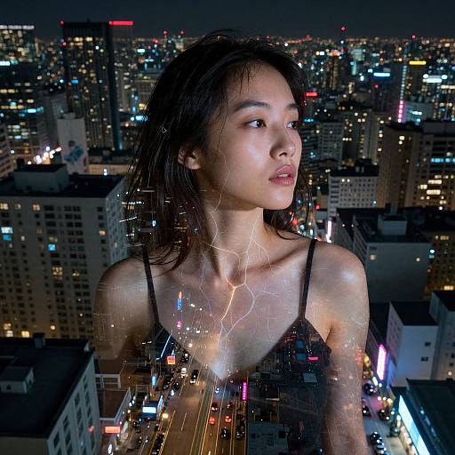 Photograph of an Asian woman with wet, shoulder-length hair, wearing a black spaghetti-strap top, standing against a nighttime cityscape with illuminated buildings