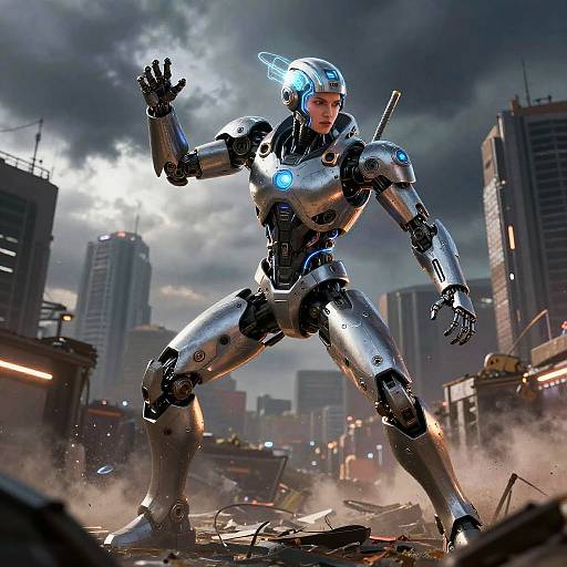 Cybernetic Warrior in Post-Apocalyptic City