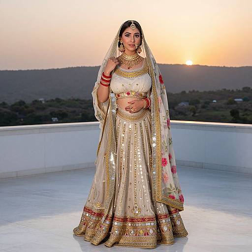 Photograph of a South Asian bride in a gold and beige embroidered saree with floral patterns, standing on a rooftop at sunset, wearing traditional jewelry and