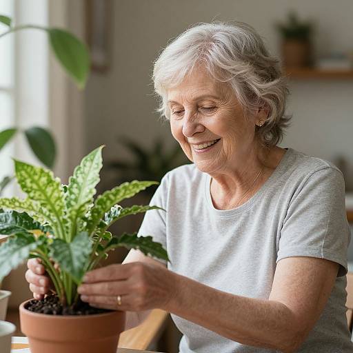 Photograph of an elderly woman with short gray hair, smiling, wearing a light gray shirt, tending to a green potted plant indoors.