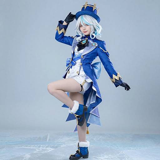 Playful White-Haired Cosplayer in Ornate Outfit