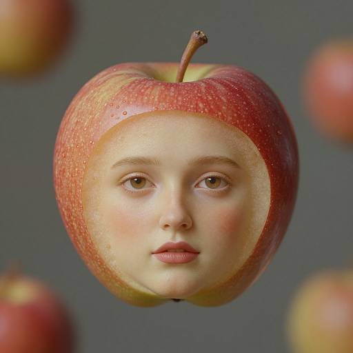 Digital artwork of a young girl's face inside a red apple with a stem, surrounded by blurred apples on a gray background.