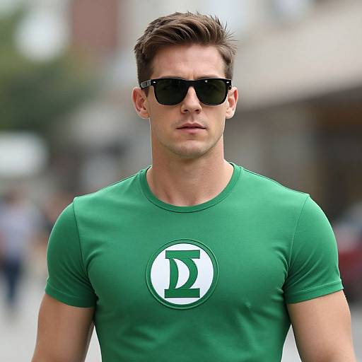 Photograph of a handsome, fit man with short brown hair, wearing black sunglasses and a green t-shirt with a white and green circular logo, standing