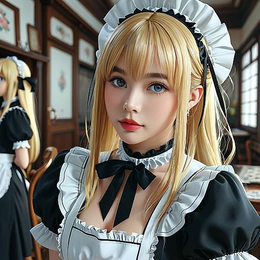 Photorealistic CGI of a young blonde woman with blue eyes, wearing a black and white French maid outfit, in a vintage-style room with framed pictures
