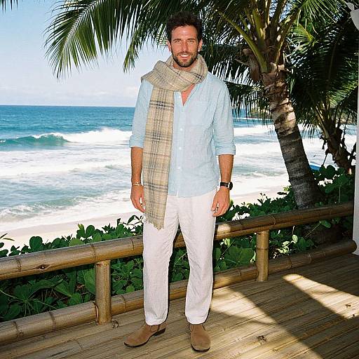 Photograph of a smiling man with short brown hair and beard, wearing a light blue shirt, white pants, beige plaid scarf, and brown boots