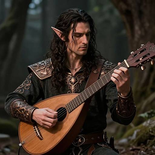 Photograph of a dark-haired, elf-like male with pointed ears, playing a wooden lute in a misty forest, wearing ornate black armor