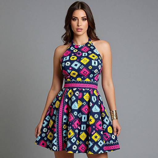 Photograph of Kim Kardashian in a colorful, halter-neck, sleeveless dress with vibrant patterns, standing against a plain gray background.