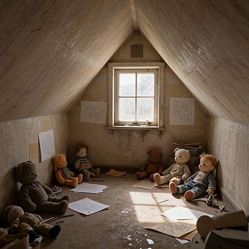 Photograph of a dim, dusty attic room with a sunlit window. Seven worn teddy bears sit on the floor, surrounded by scattered drawings and