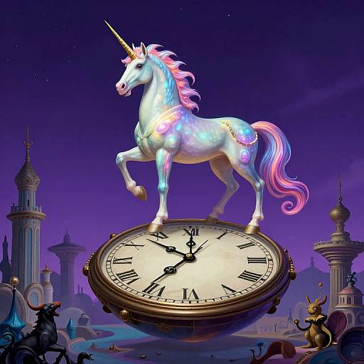 Digital fantasy artwork of a glowing, multicolored unicorn with a pink and purple mane standing on a large, ornate clock face, surrounded by whims