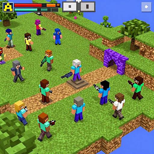 Pixel art screenshot of a Minecraft-style game, showing eight players with varied clothing and weapons, on a grassy island with a blue waterbody. Health