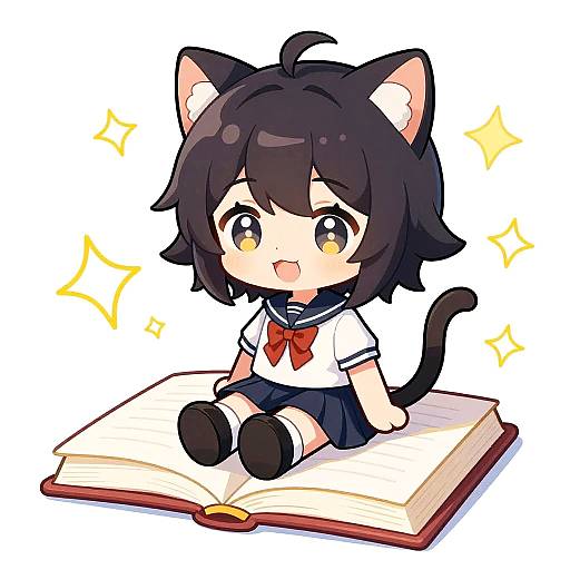 Chibi-style digital drawing of a cute, black-haired catgirl with yellow eyes, wearing a school uniform, sitting on an open book with sparkles