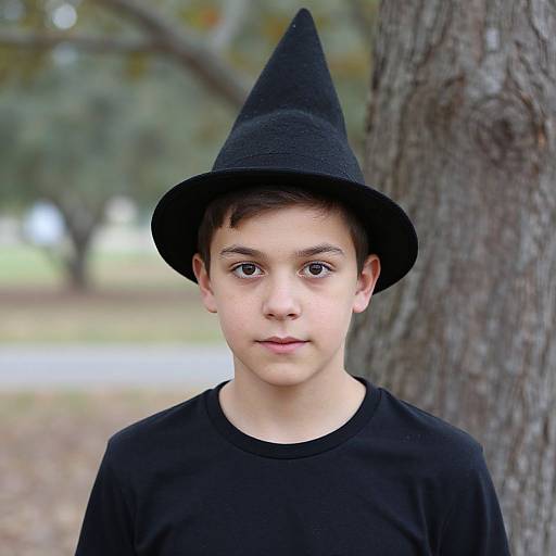 Photograph of a young boy with fair skin, brown eyes, and short brown hair, wearing a black witch hat and black shirt, standing in front