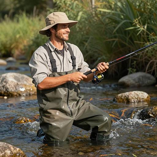 Man Fishing in a Sunlit Stream