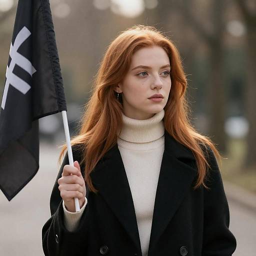 Focused Young Woman with Black Flag
