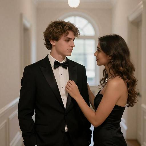 Glamorous Couple in Dimly Lit Hallway