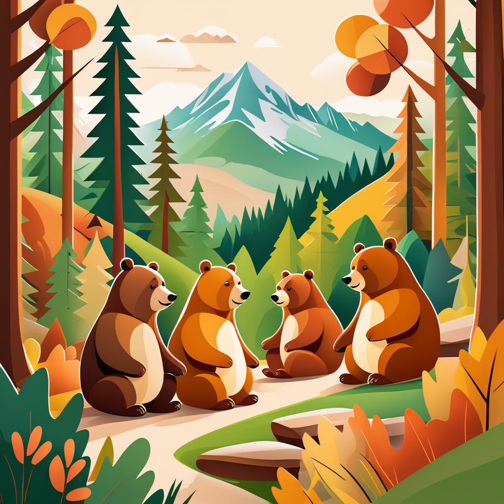 Friendly Bears in a Whimsical Mountain Scene