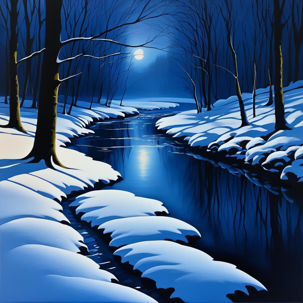 Dreamlike Midnight Snowy Creek Scene