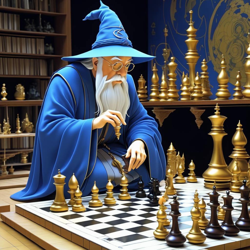 Whimsical Wizard Playing Chess in Animation Style