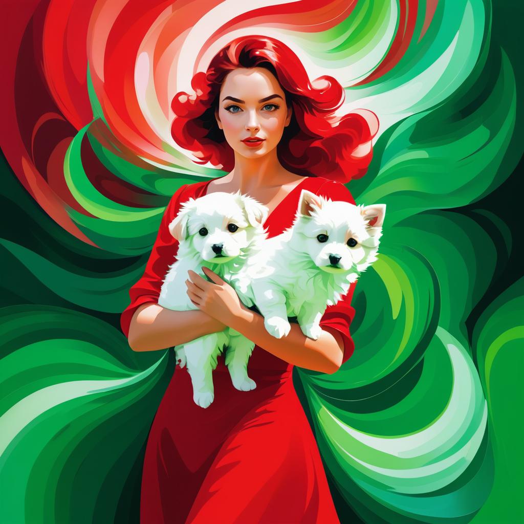 Ethereal Woman with Puppy in Red Dress