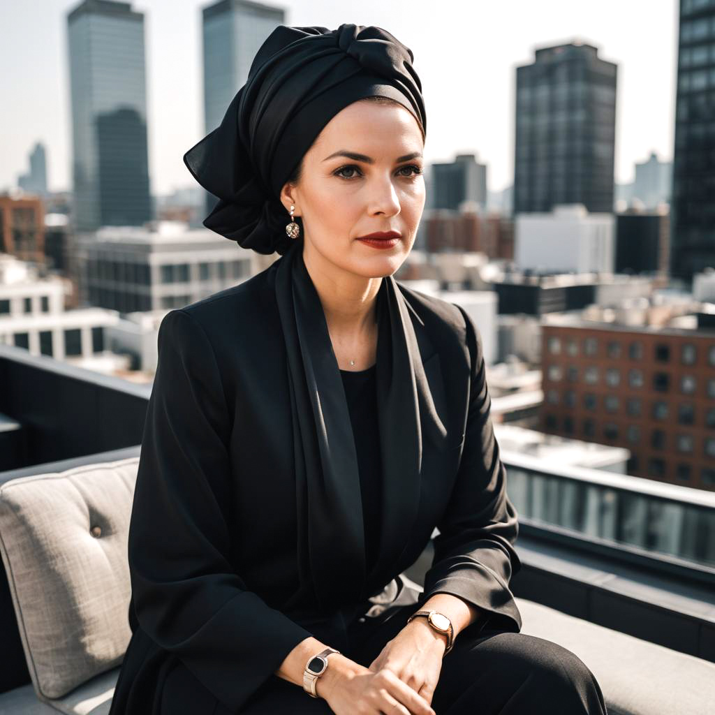 Chic Businesswoman in Rooftop Lounge