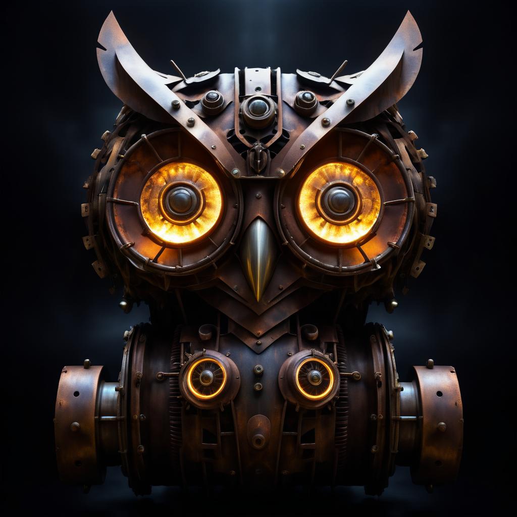 Rusty Mechanical Owl with Glowing Eyes