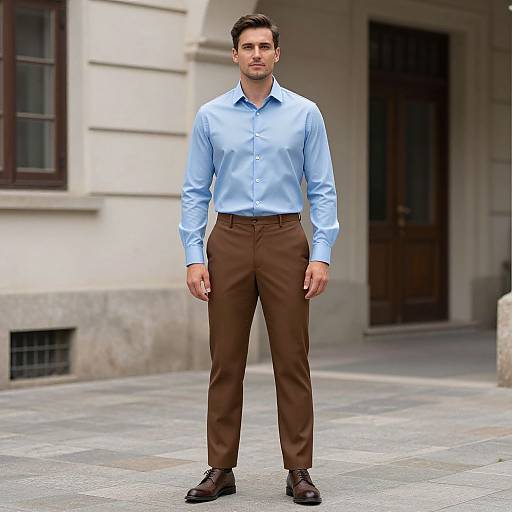 Photograph of a young man with short dark hair, wearing a light blue dress shirt, brown trousers, and black shoes, standing in a city street