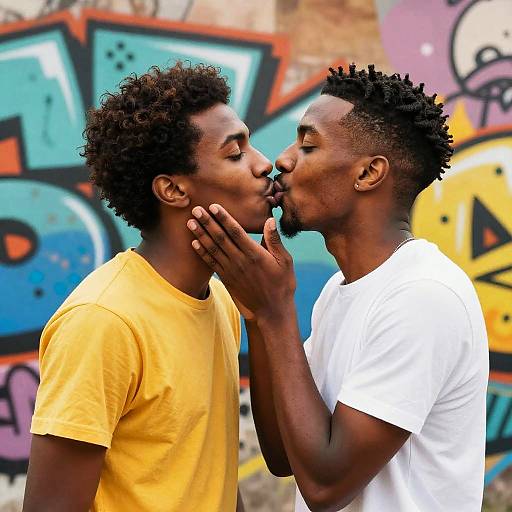Photograph of two Black men kissing, one in a yellow shirt and the other in a white shirt, hands gently touching faces, against colorful graffiti background