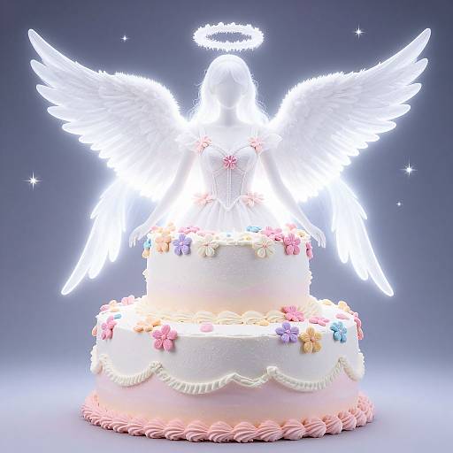 Glowing angelic figure with white wings and halo illuminates a two-tiered, flower-decorated cake against a twilight blue gradient. Digital